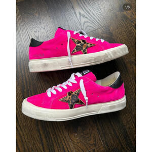 Golden Goose Pink Suede Sneakers with Leopard Star Accent EU 40